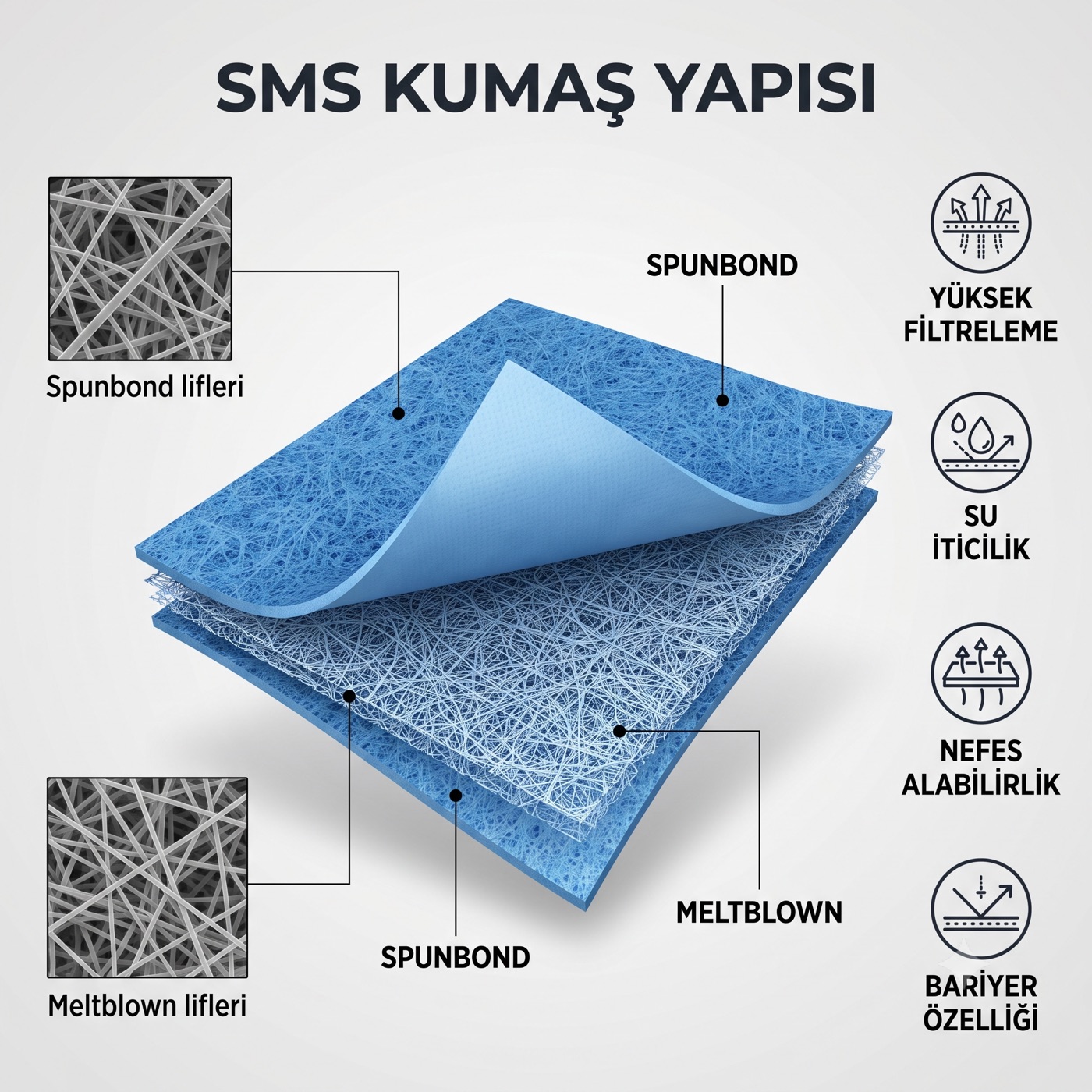 Spunbond-Meltblown-Spunbond (SMS) kumaş yapısı — yüksek filtreleme